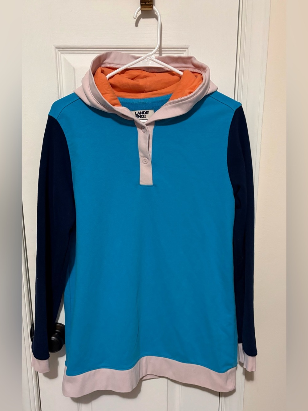 Lands' End Serious Sweats Bright Blue Colorblock Pullover Hoodie Size M